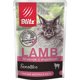 Консервы для кошек с чувствительным пищеварением Ягненок с Индейкой в желе Blitz Sensitive