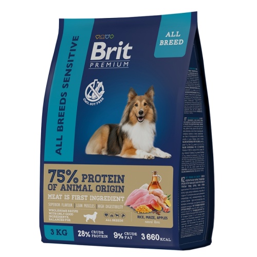 Сухой корм для чувствительного пищеварения собак всех пород с ягненком и индейкой  Brit Premium Sensitive  