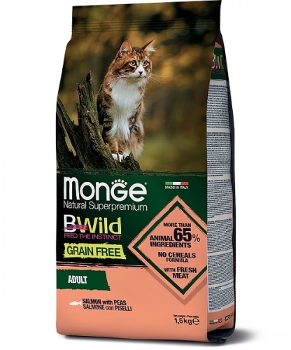 Беззерновой корм для взрослых кошек из лосося и гороха Monge BWild Cat Grain Free Salmone Con Piselli