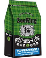 Корм для щенков и юниоров средних и крупных пород, Утка и Рис с глюкозамином и хондроитином, ZooRing Puppy & Junior 2