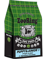 Корм для щенков и юниоров средних и крупных пород, Утка и Рис с пробиотиками, ZooRing Puppy & Junior 1