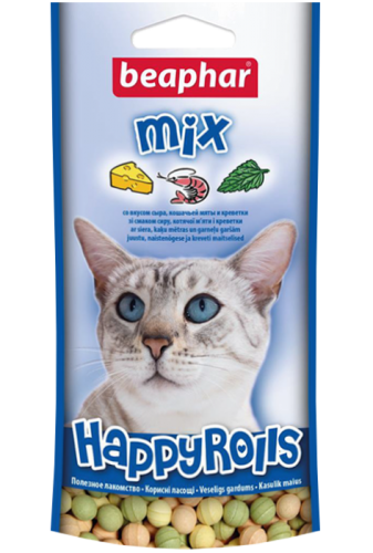 Лакомство для кошек и котят с 6 недель с креветками, сыром и кошачьей мятой Happy Rolls Mix (80 таб.), Beaphar